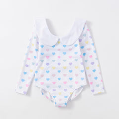 Girl's Heart Print Swimsuit Doll Collar Long Sleeve Bathing Suit