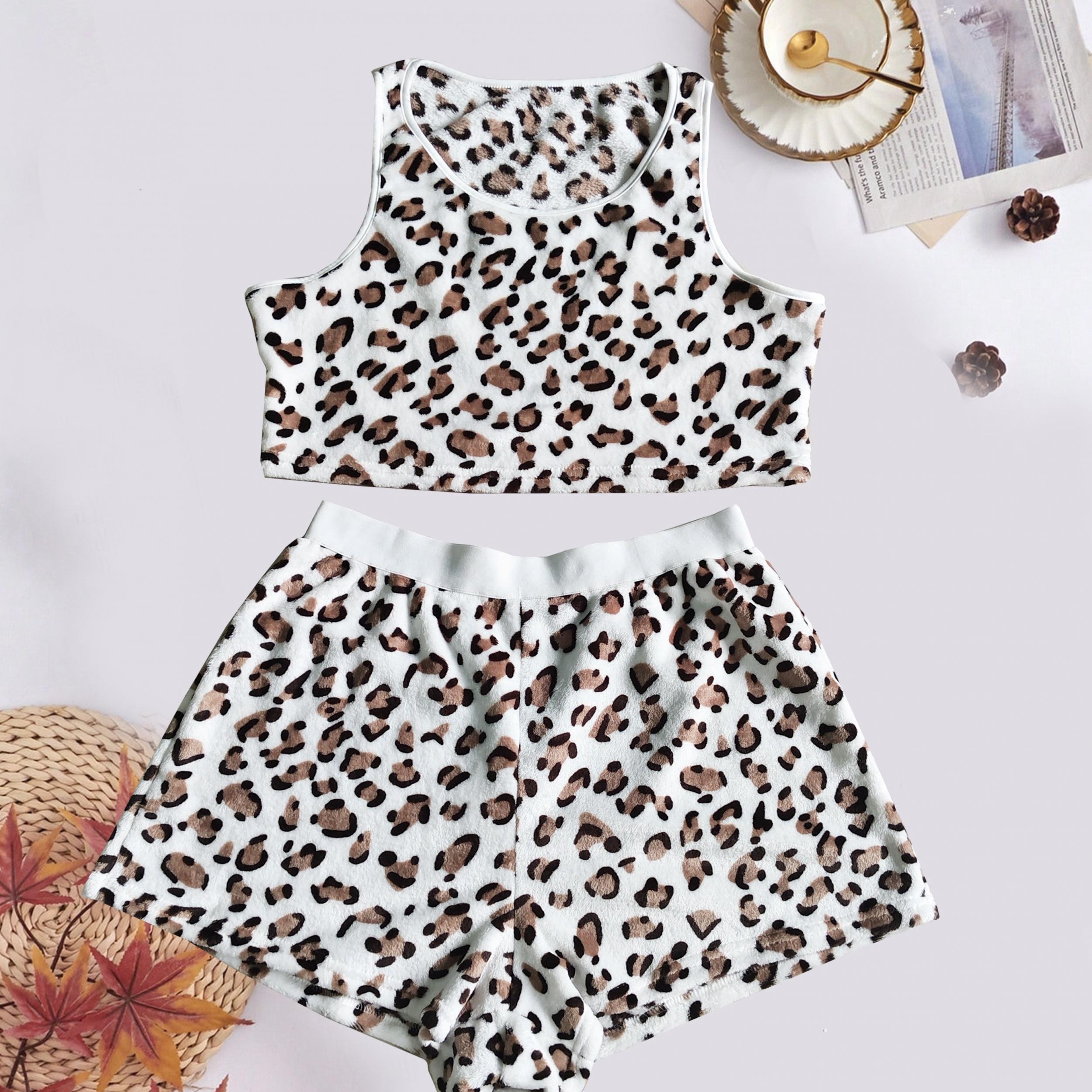 Leopard Print Plush Tank Top & Shorts Lounge Set