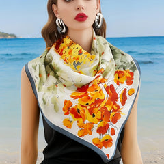 Floral Double Sided Silk Scarf 70x70cm Vibrant Orange Red Green Flowers