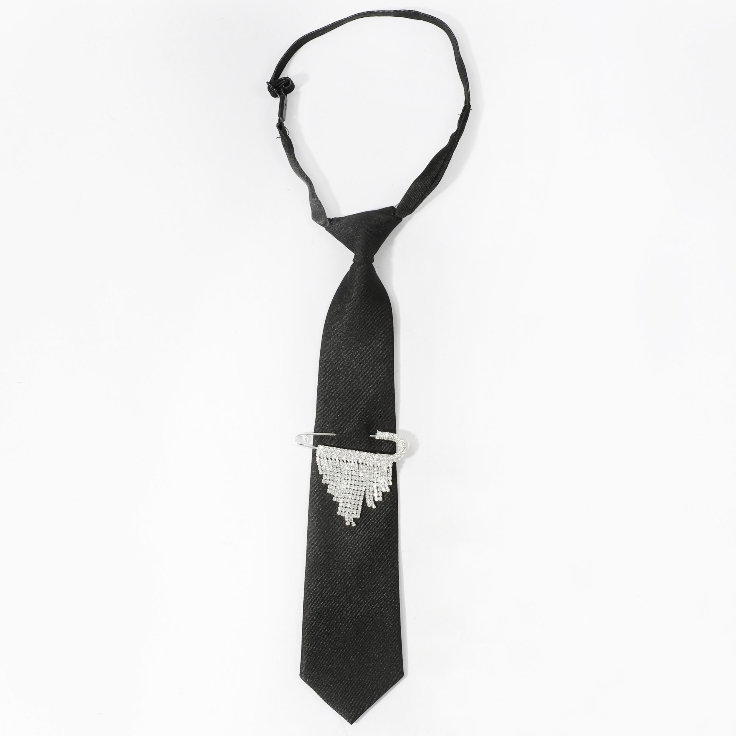 Rhinestone Tassel Brooch Necktie Solid Neck Tie For Shirt Decorative Tie