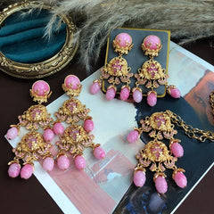Plating Heavy Pink Shoulder Earrings Sweater Chain Set