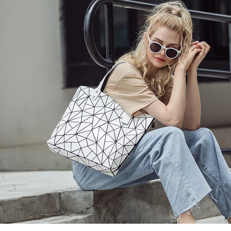 Large Beach Tote Shoulder Bag Geometric Silver