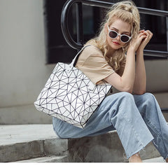 Large Beach Tote Shoulder Bag Geometric Silver