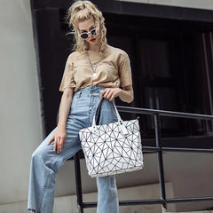 Large Beach Tote Shoulder Bag Geometric Silver