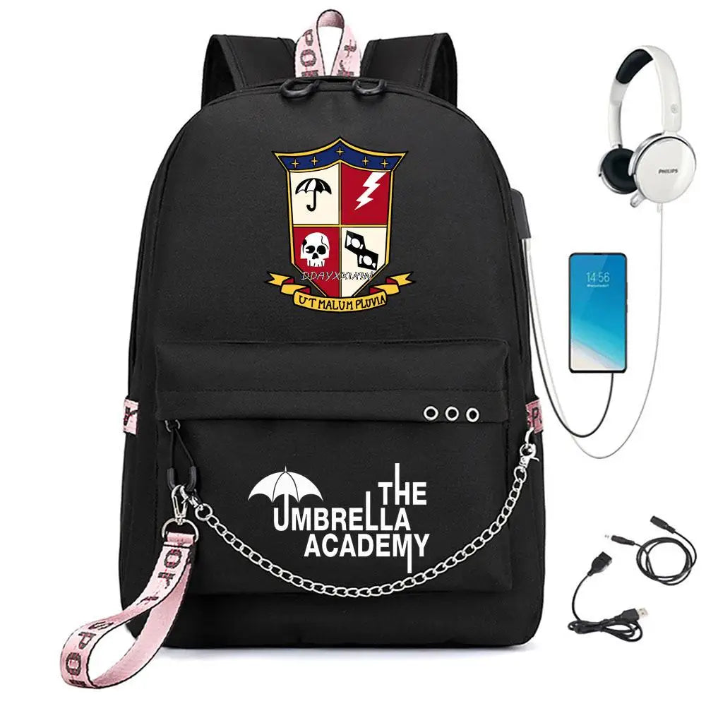 Umbrella Academy Backpack USB Charging Backpacks Female Male Chain Mochila
