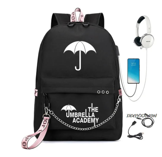 Umbrella Academy Backpack Schoolbag Chain USB Charging