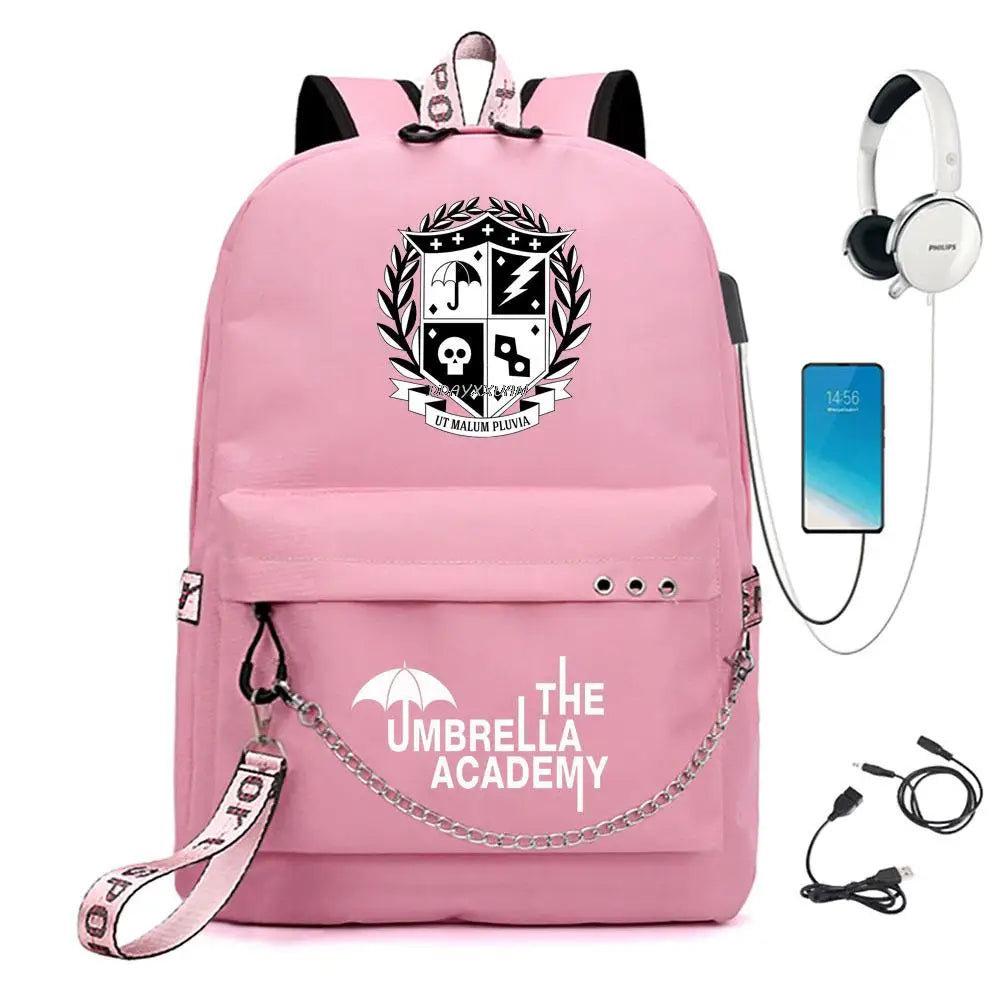 Umbrella Academy Backpack Schoolbag Chain USB Charging