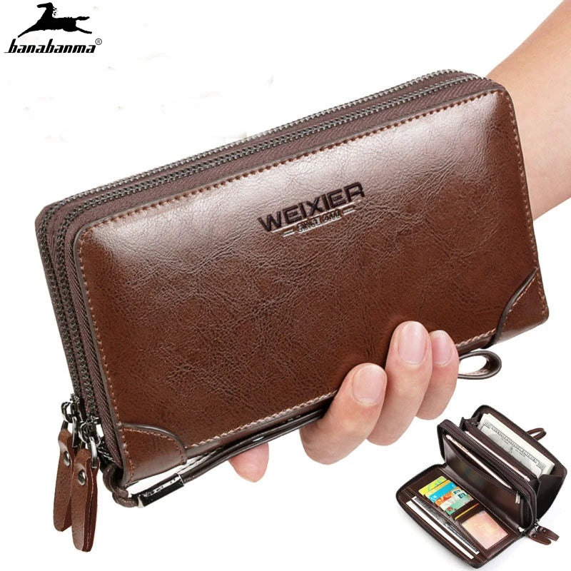 Men's Natural Wax Oil Skin Wallet with Dual Zipper Compartment