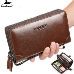 Men's Natural Wax Oil Skin Wallet with Dual Zipper Compartment