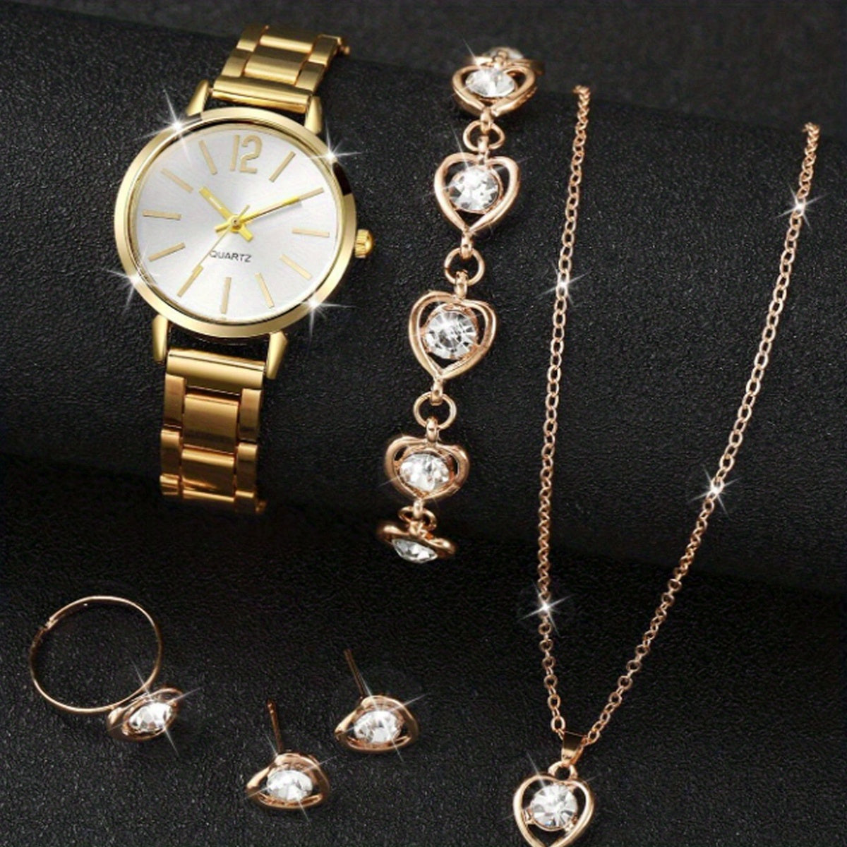 Zinc Alloy Round Pointer Quartz Watch & 5pcs Jewelry Set