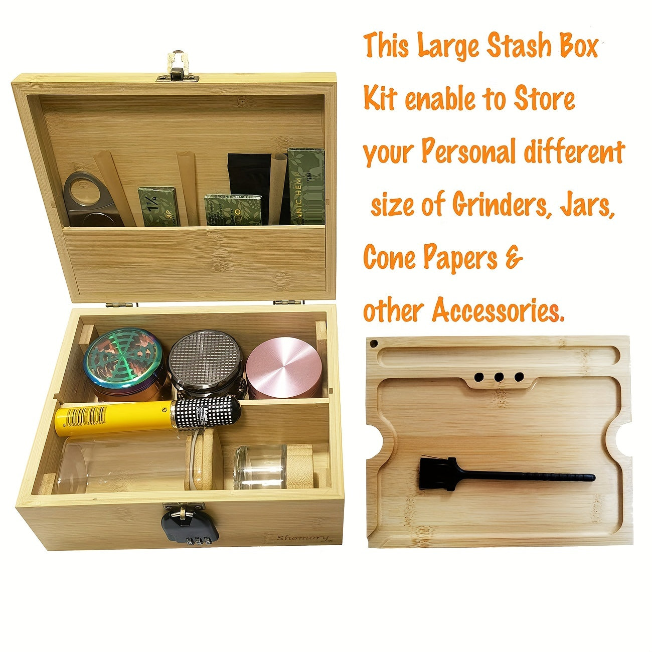 Wooden Storage Box With Tray Bamboo For Smoking Paper