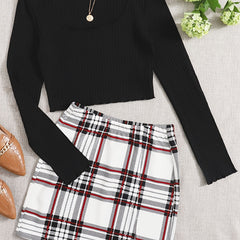 Women's Two Piece Set Square Neck Crop Top & Plaid High Waist Mini Skirt