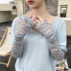 Floral Gloves Embroidery Sunscreen Long Sleeves for Sports