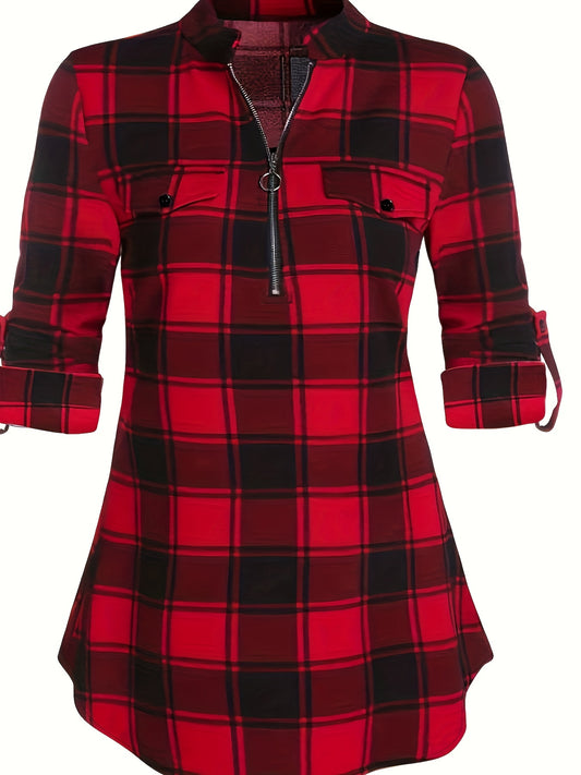  Plaid Print Roll Up Sleeve Notched Neck Blouse