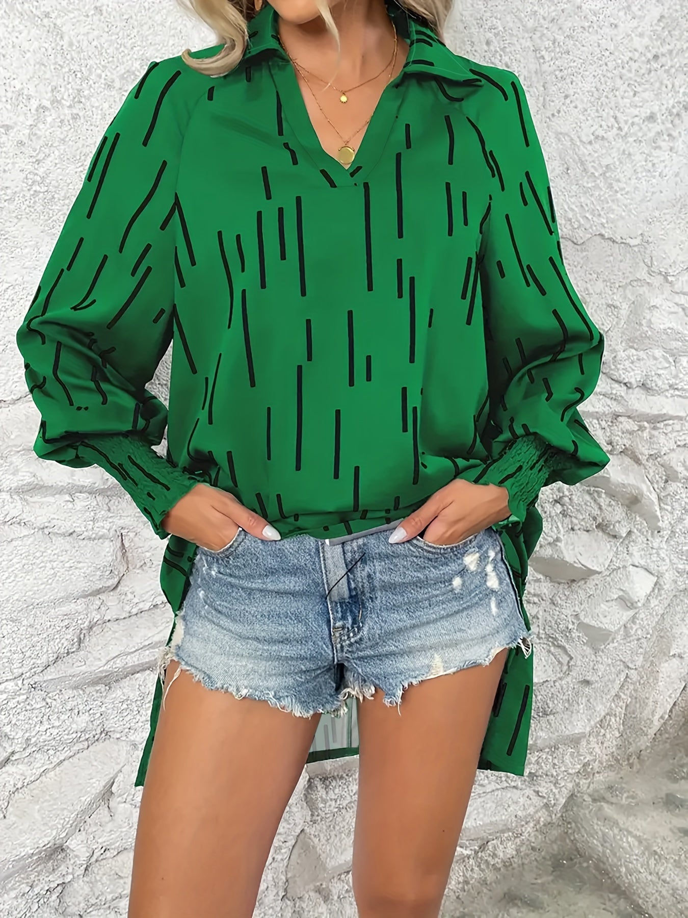 Stripe Print Lantern Sleeve V Neck Tunic Top