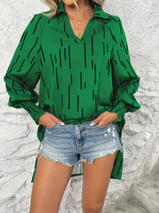  Stripe Print Lantern Sleeve V Neck Tunic Top