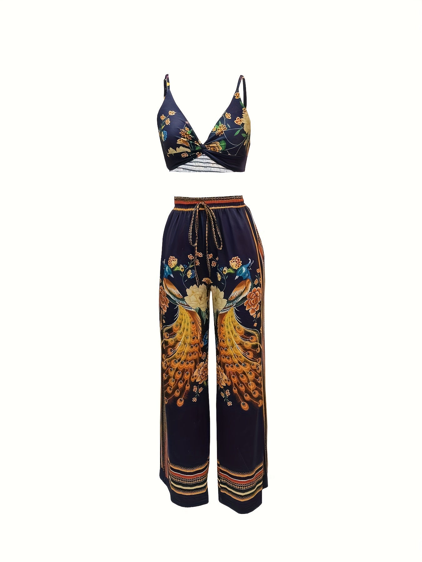 Boho Butterfly Print Two piece Set Crop Cami Top & Wide Leg Pants
