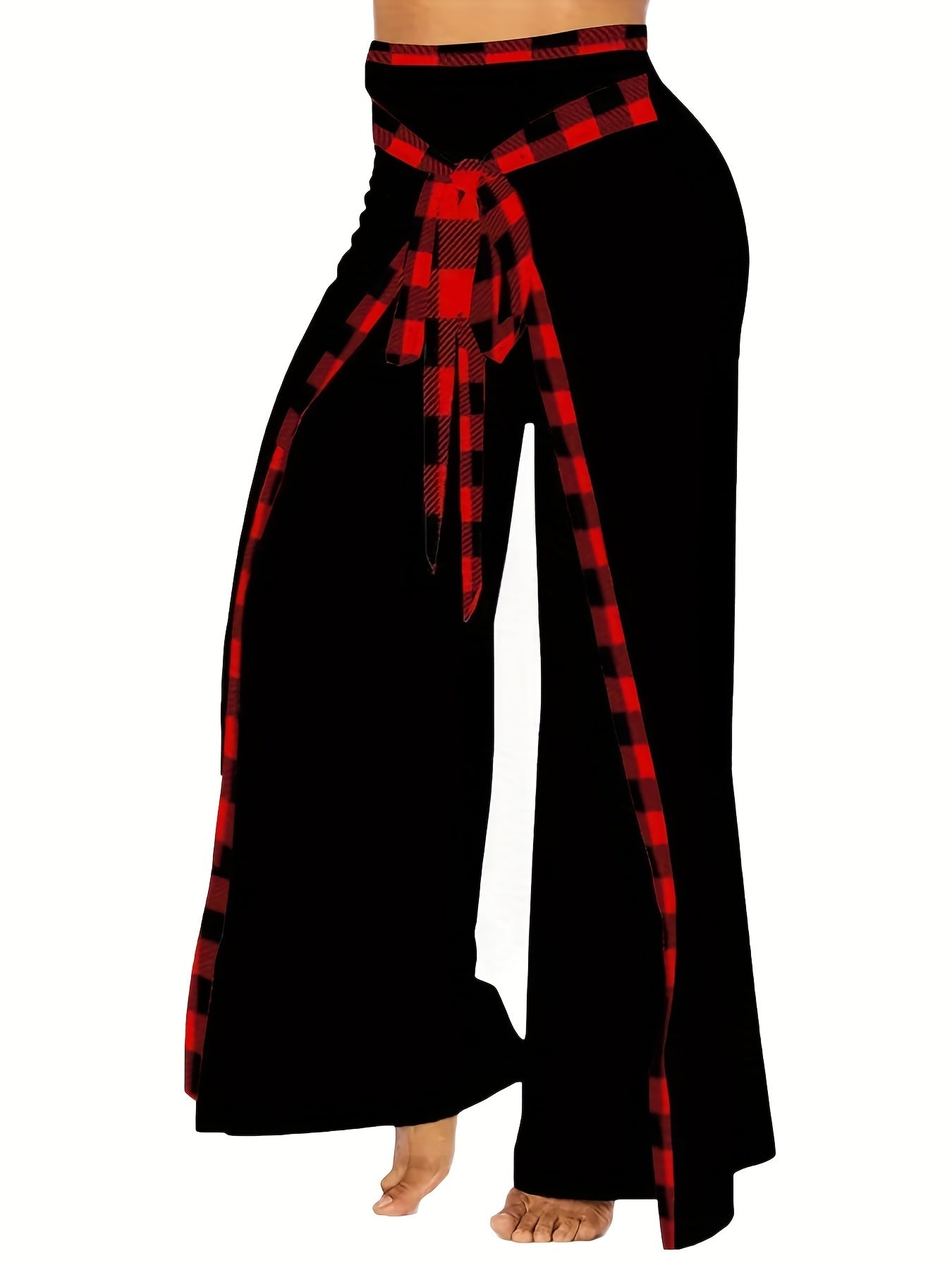  Plaid Print High Rise Wide Leg Pants With Belt