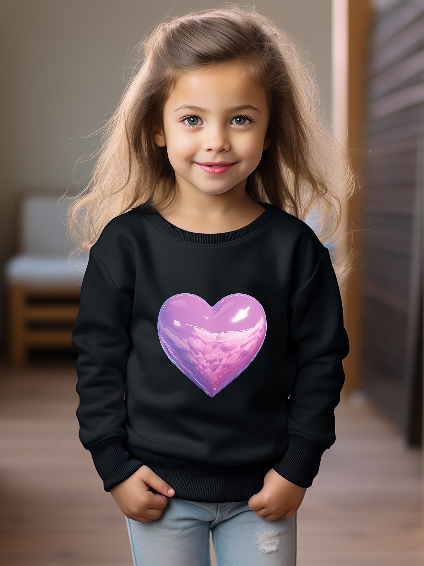 Cartoon Cloud Heart Print Girls Sweatshirt Crew Neck Tops