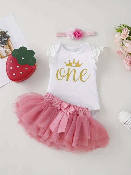 Baby Birthday Party Holiday Clothes Flutter Sleeve Romper & Princess Dress Set