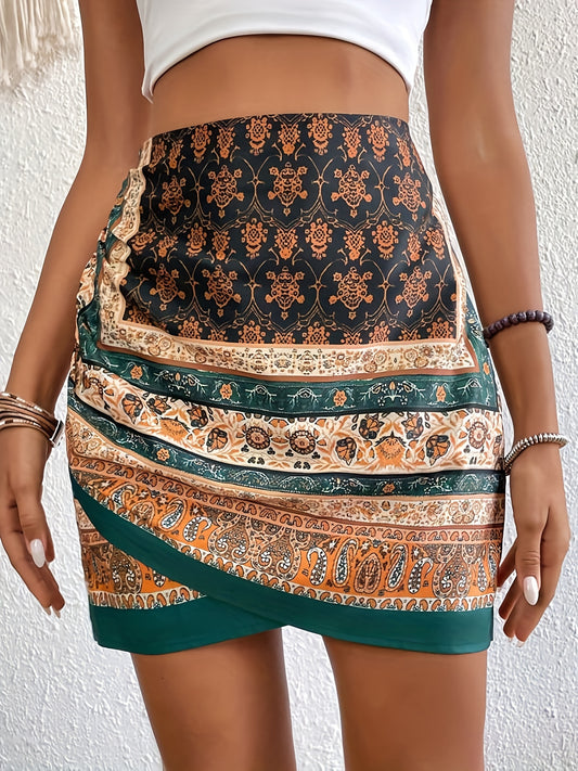 Boho Paisley Print Ruched Mini Skirt High Waist Summer Skirt
