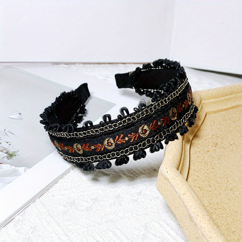 Boho Embroidery Headband Wide Head Hoop Retro Style Headdress Hair Accessories