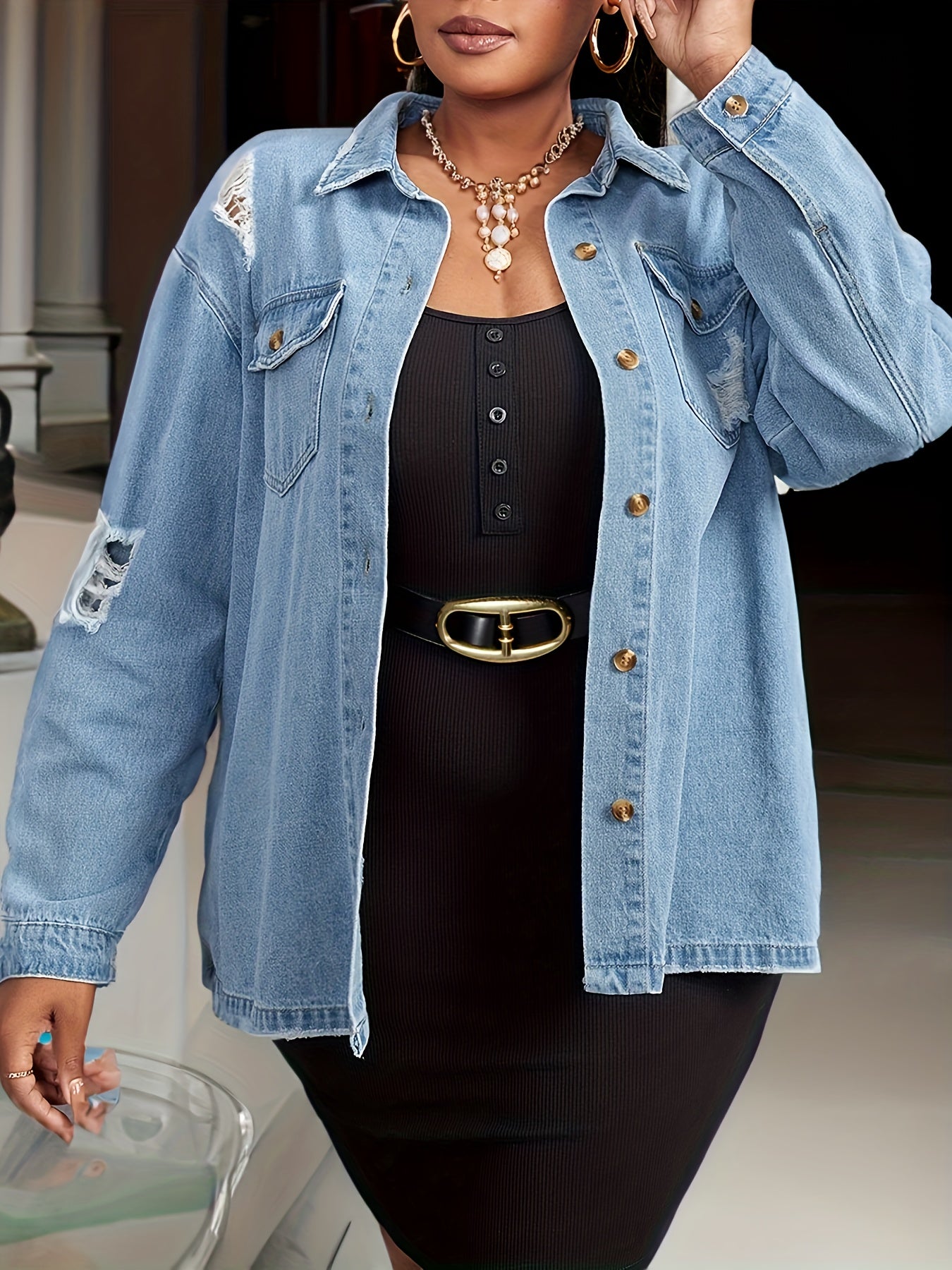  Casual Denim Top Women's Plus Solid Button Up Long Sleeve