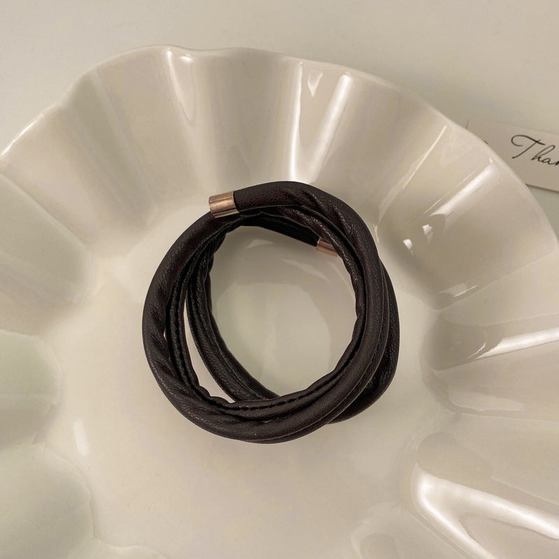Long Leather Hair Elastics Ties Solid Stretchy Scrunchie Ponytail Holder