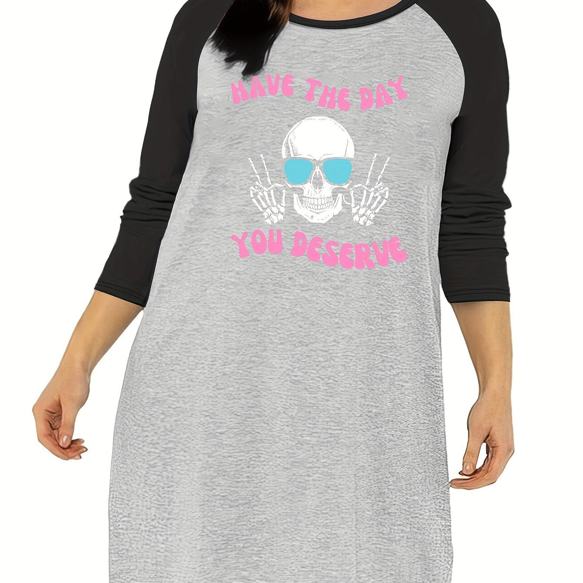  Funny Skull Print Raglan Sleeve Tee Sleep Dress