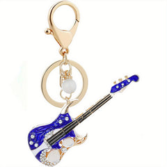 Rhinestone Guitar Keychain Musical Instrument Metal Key Ring Purse Bag Charm