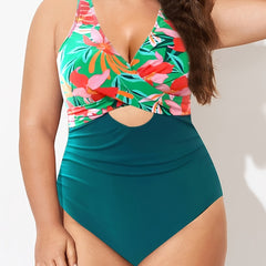  Colorblock Floral Print One Piece Swimsuit