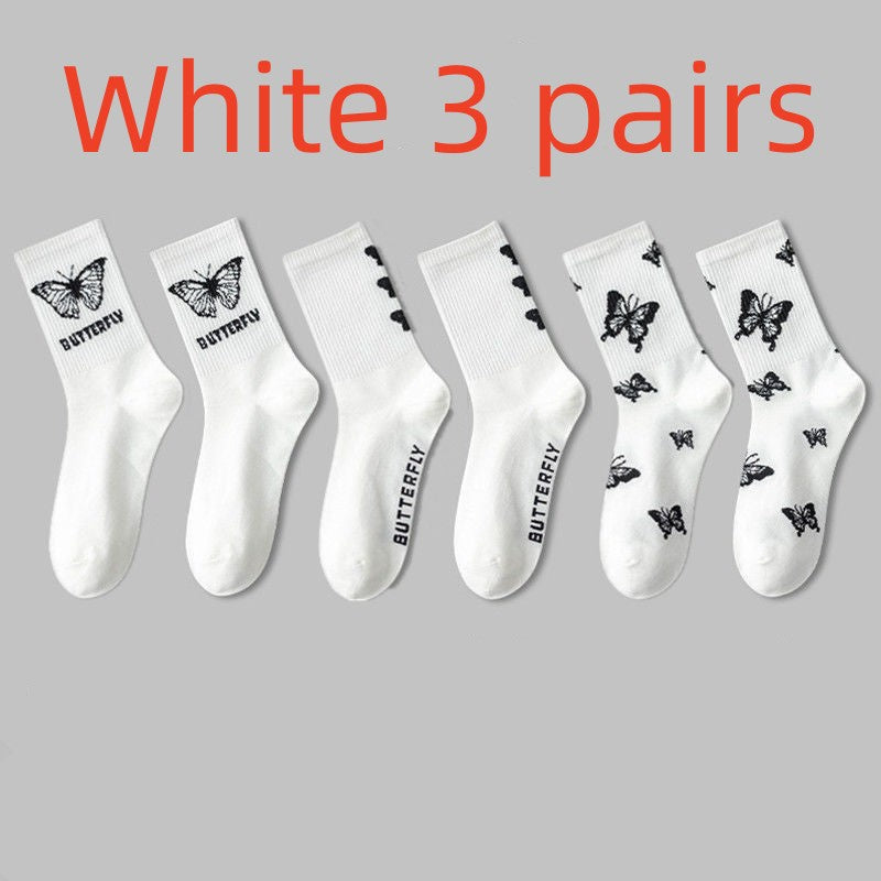 3 Pairs Butterfly Print Socks Women's Mid Tube Stockings