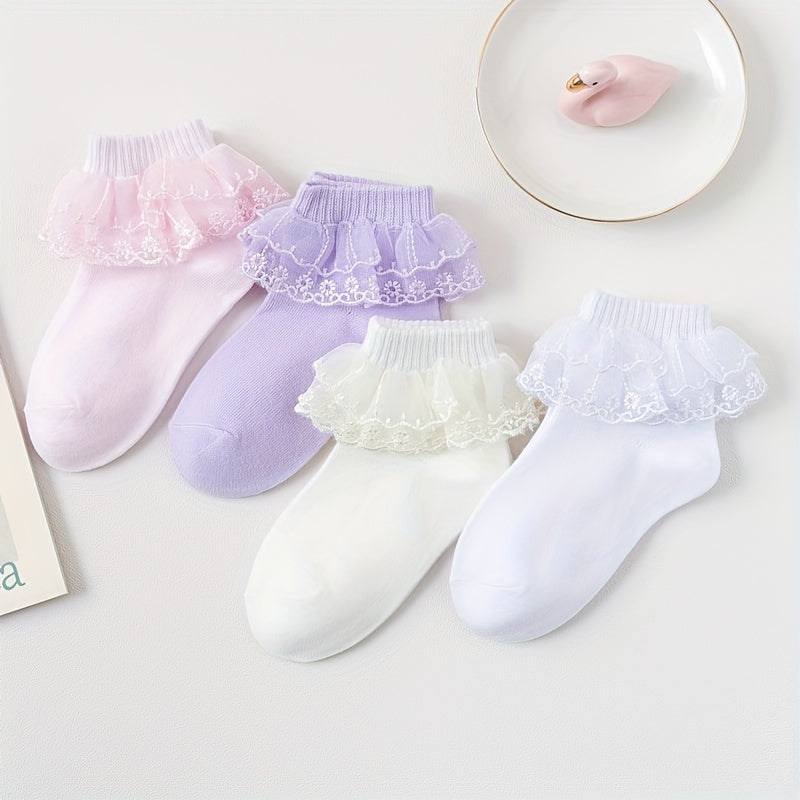 Girls Ruffle Lace Trim Ankle Cotton Socks, 4 Pairs