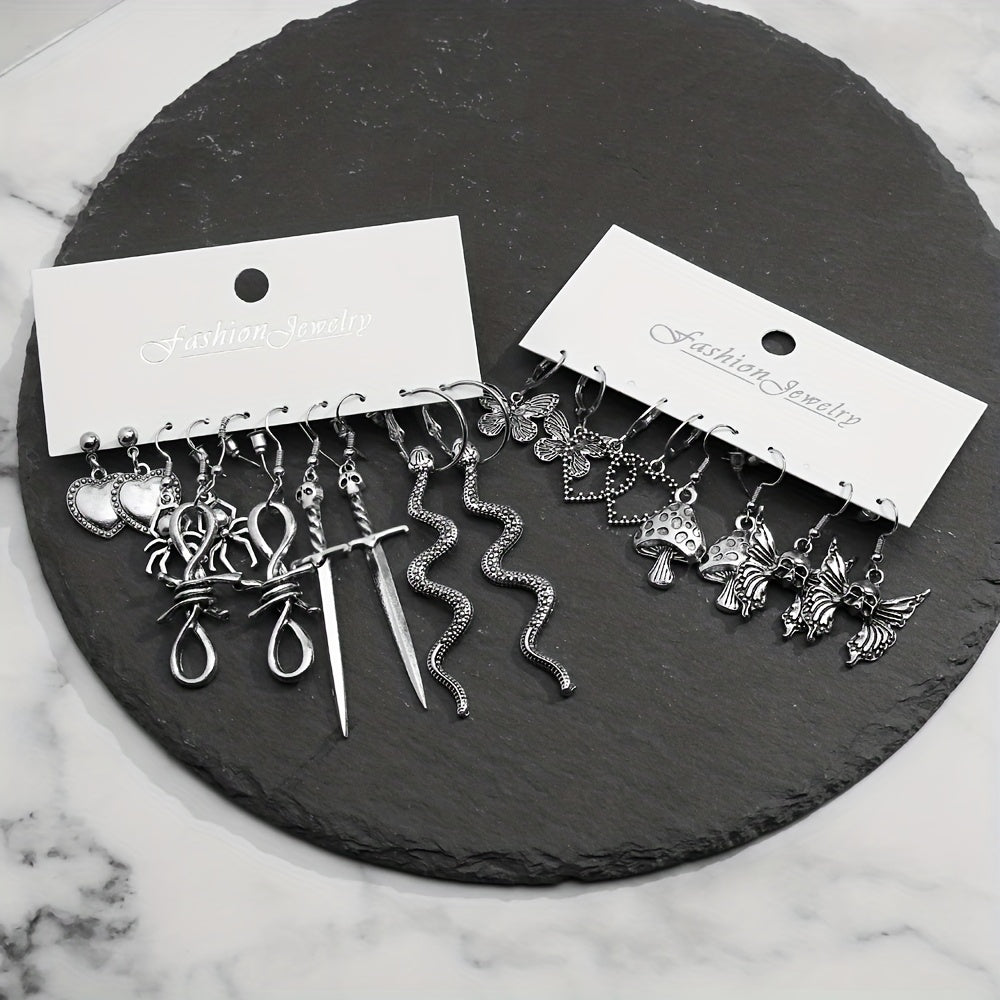 Punk Vintage Silver Snakes Butterfl. Sword Skull Earrings Set 9 Pairs