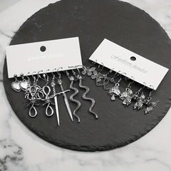 Punk Vintage Silver Snakes Butterfl. Sword Skull Earrings Set 9 Pairs