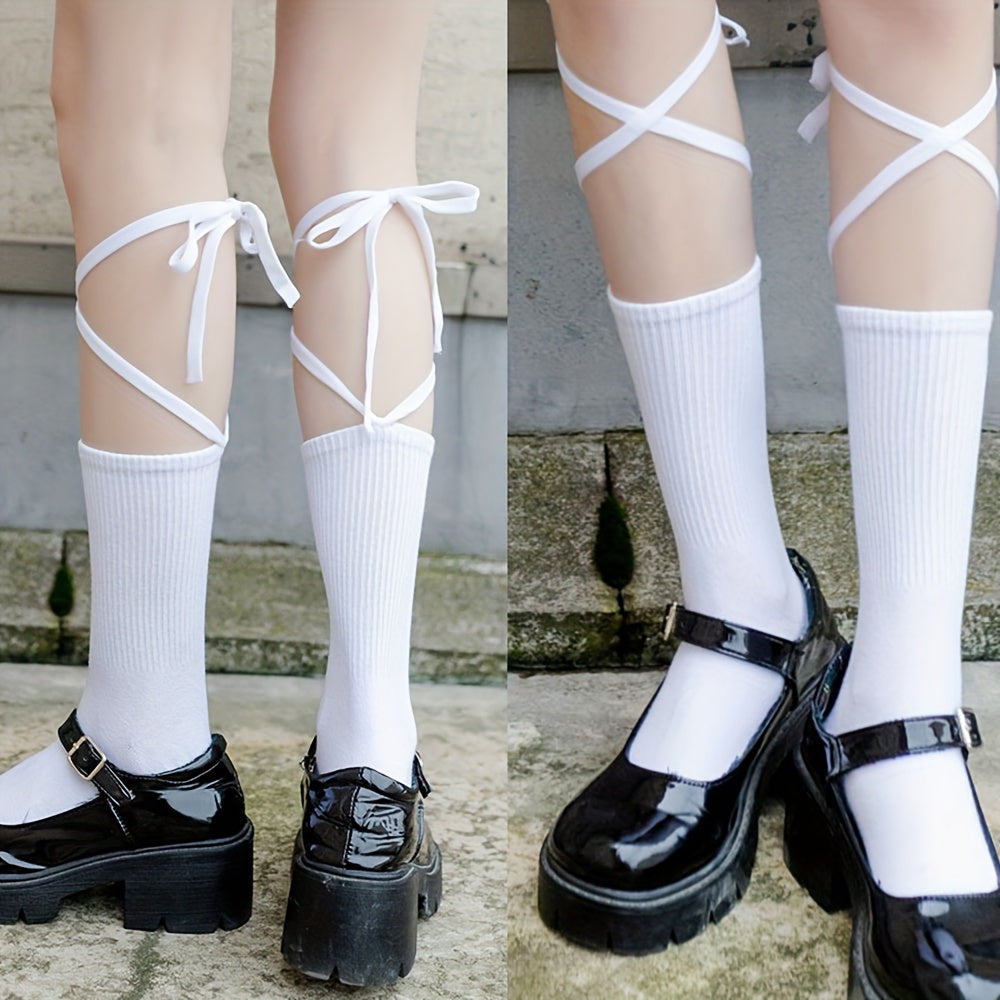 2 Pairs Strappy Mid Tube Socks for Women