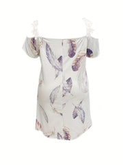  Boho Dress Women's Plus Feather Print Floral Strap Cold Shoulder Dress