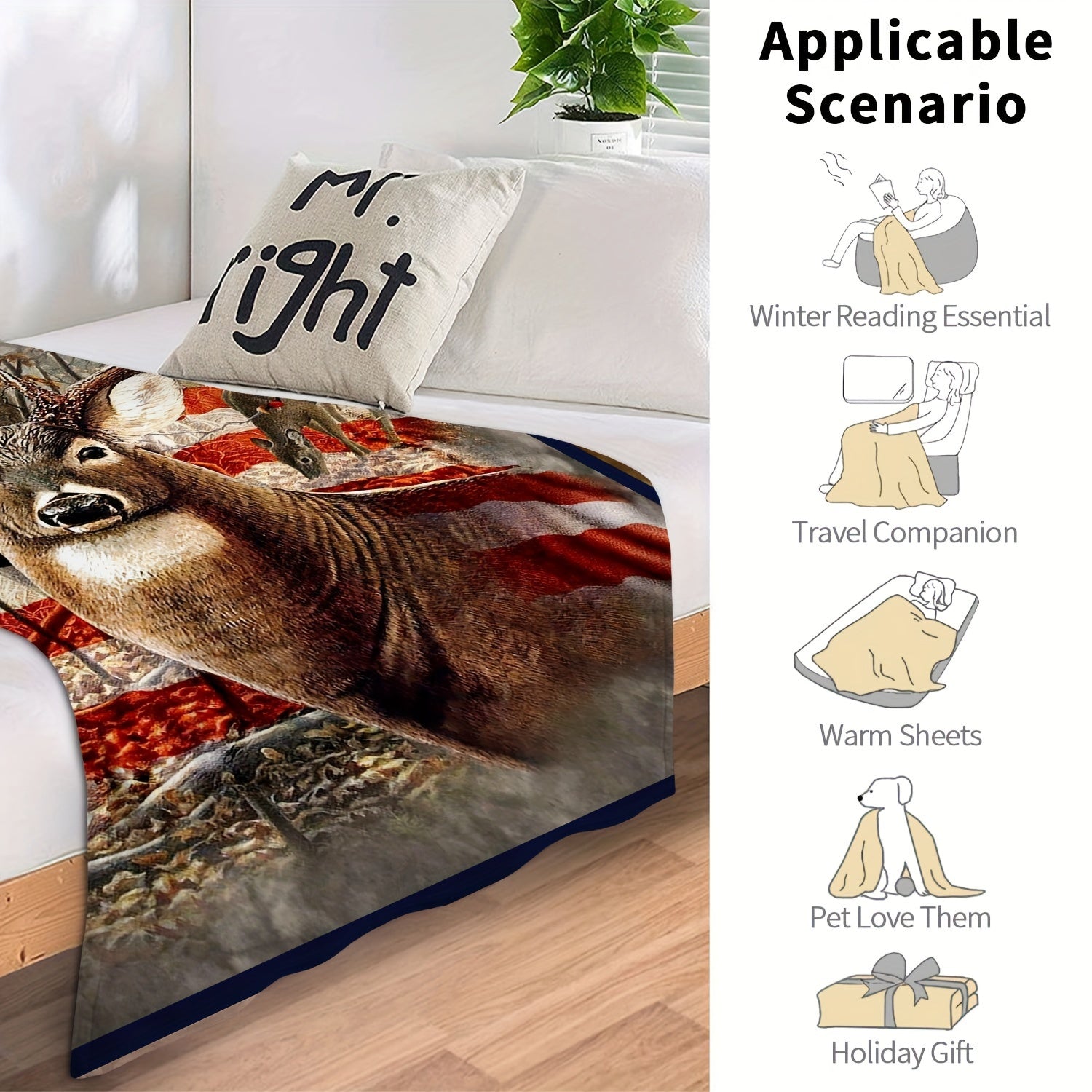 Deer Pattern Blanket Warm Flannel Throw Bed & Couch
