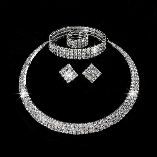 Rhinestone Crystal Jewelry Set: Choker Necklace, Earrings, Bracelet & Ring
