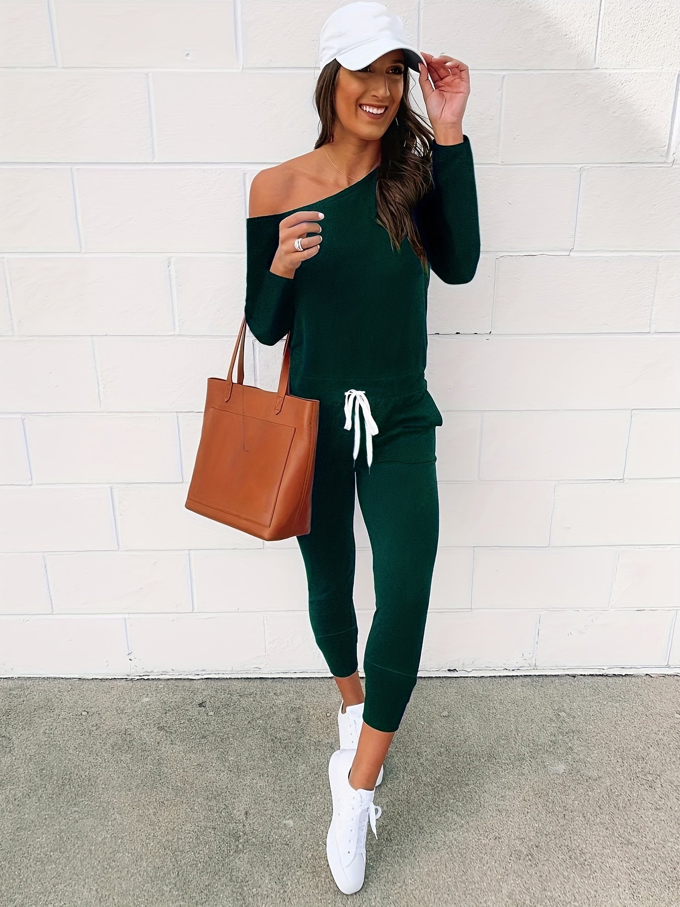 Asymmetrical Neck Jumpsuit Drawstring Long Sleeve