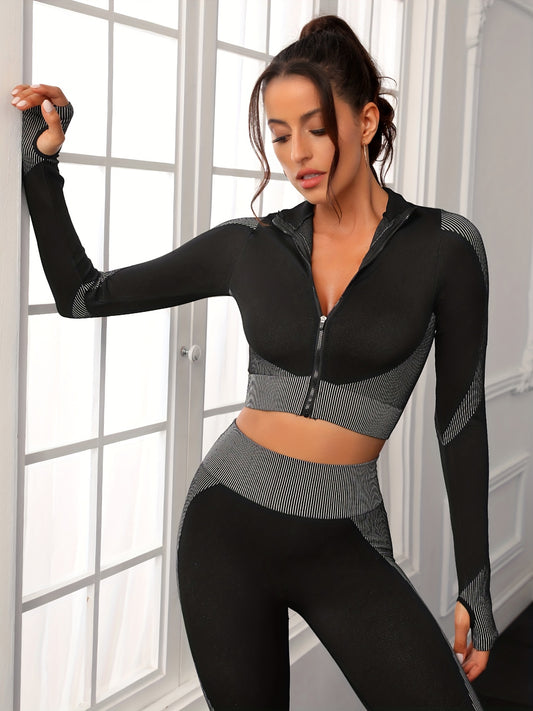 Gray Zippered Long Sleeve Top & Pants Set Women's Activewear