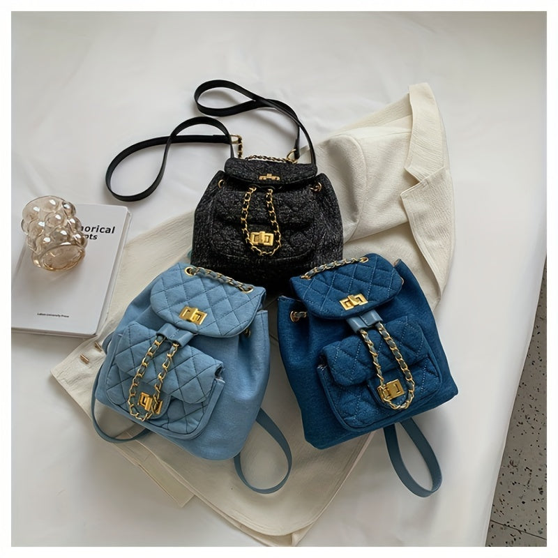 Minimalist Denim Backpack Solid Turn Lock Chain Daypack