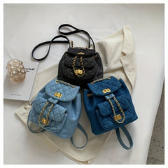 Minimalist Denim Backpack Solid Turn Lock Chain Daypack