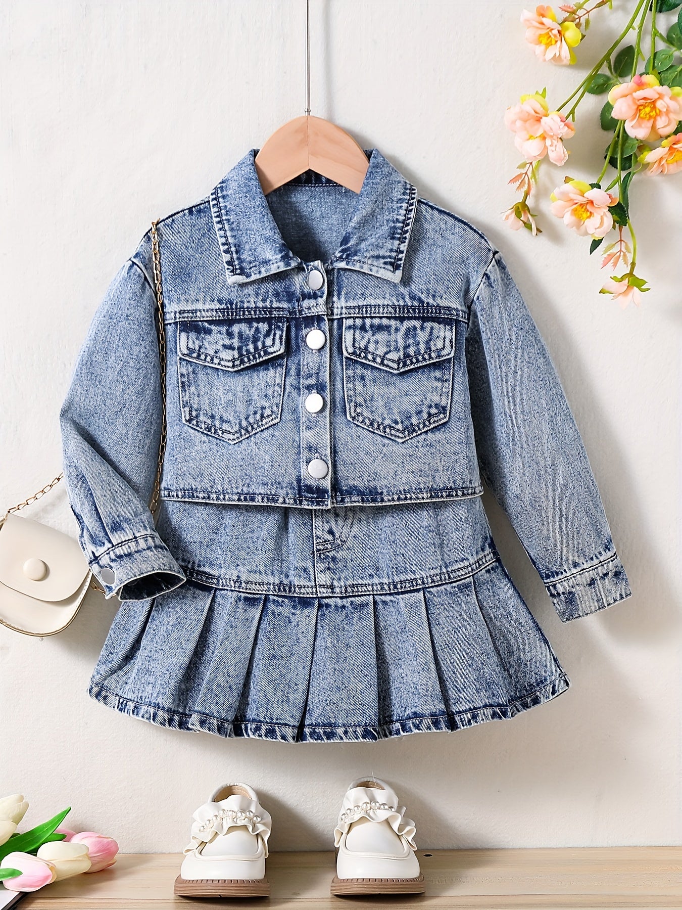 Girl's Denim 2pcs Button Front Jacket & Skirt Set Y2K Style