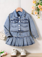Girl's Denim 2pcs Button Front Jacket & Skirt Set Y2K Style