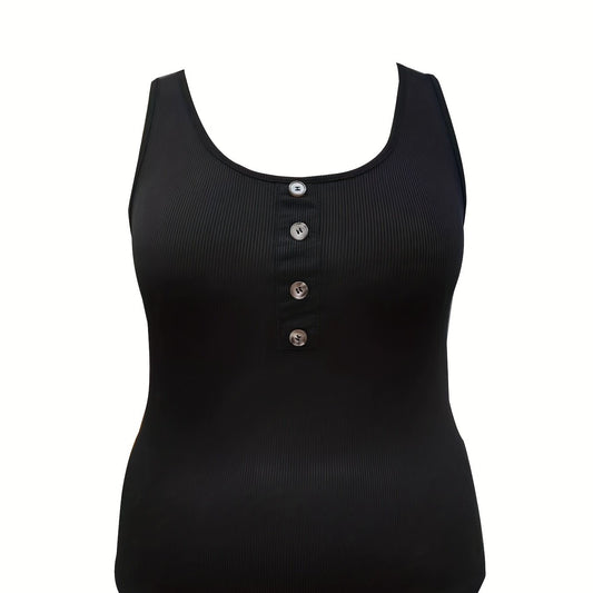  Ribbed Button Round Neck Slim Fit Tank Top