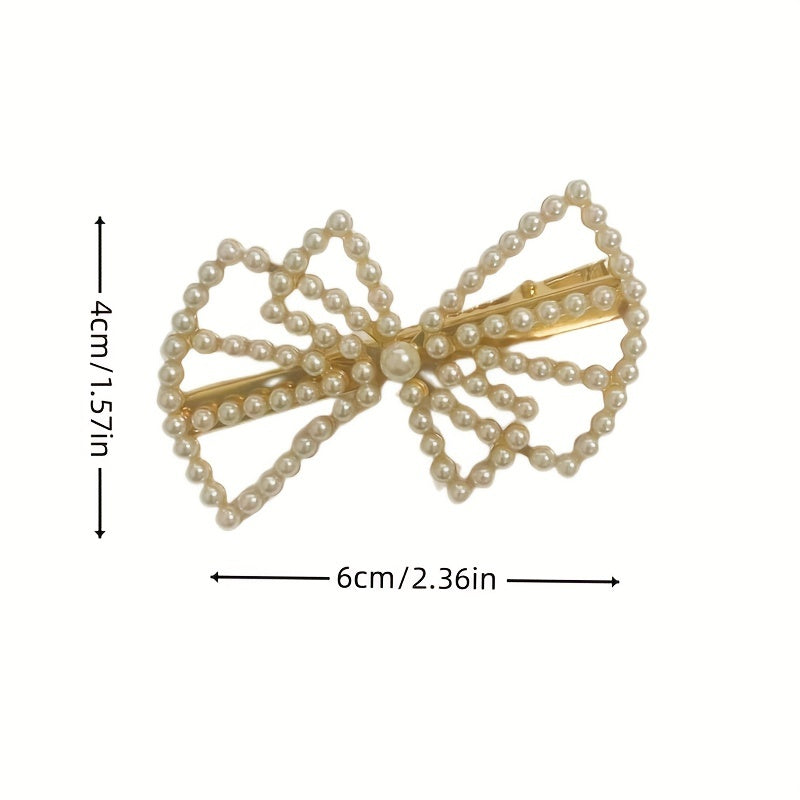 2pcs Faux Pearl Hair Clip Hollow Bow Decor Duck Billed Clip Alloy Hair Clip