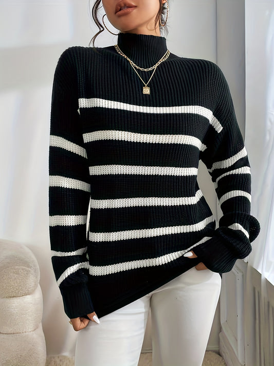 Striped Mock Neck Pullover Sweater for Women