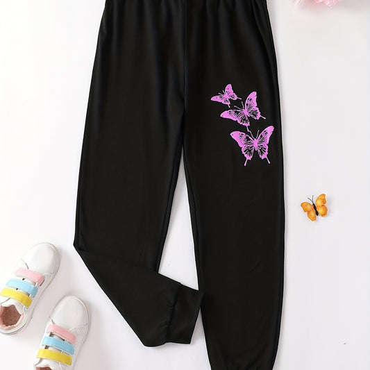 Girls Purple Butterfly High Waist Sweatpants