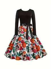  Gothic Floral & Skull Print Swing Dress
